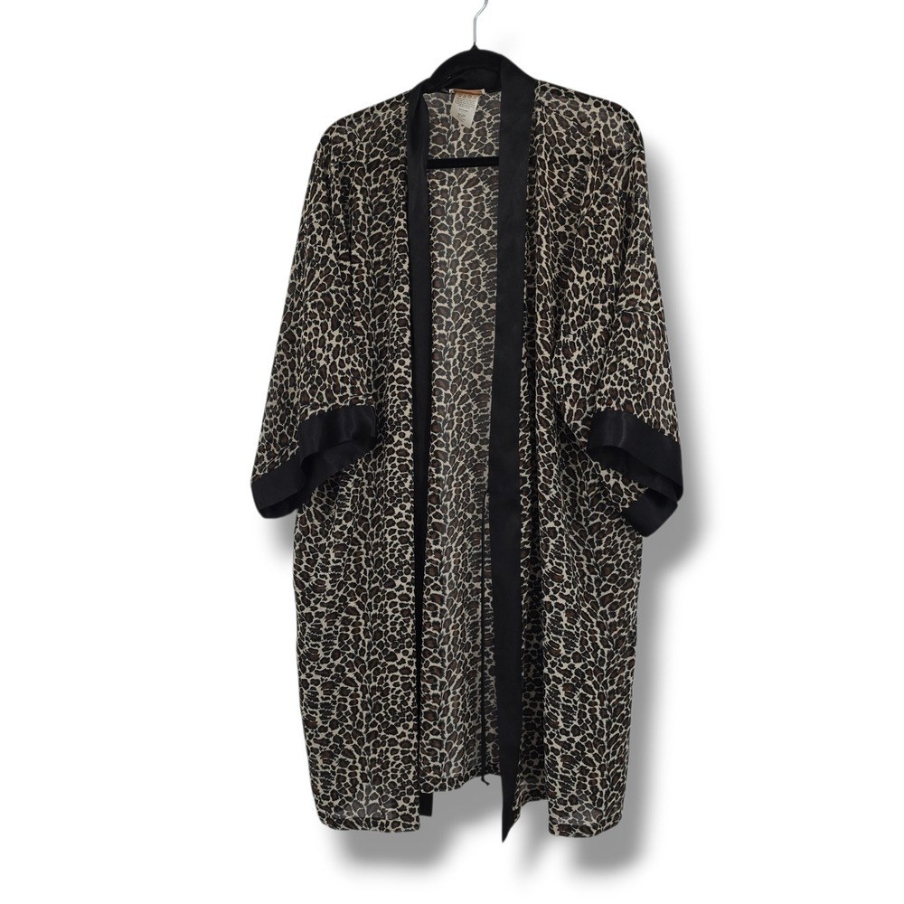 Inner Most‎ Leopard Print Sheer Kimono Robe Satin Trim Large Animal Print Brown